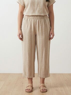 Briggs XL Beige Striped Wide Leg Pants Linen Viscose Elastic Waist Relaxed